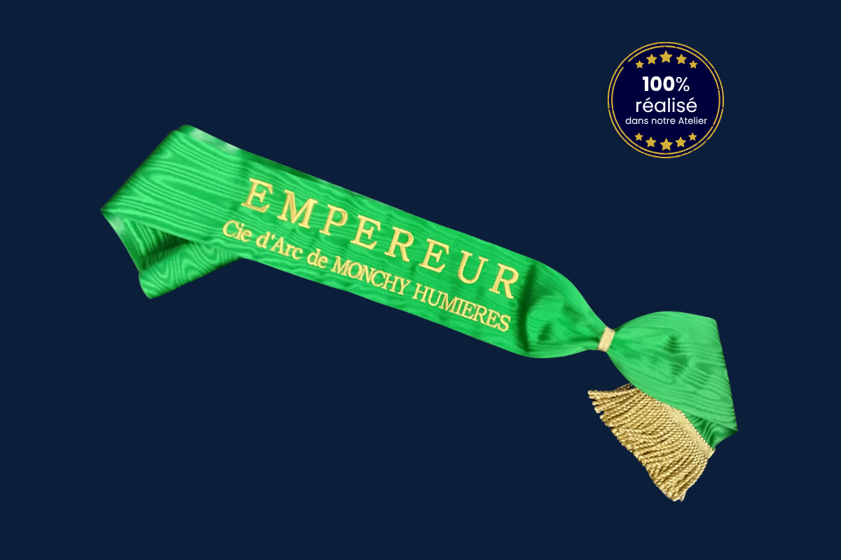 Écharpe de tir à l’arc – titre Empereur en ruban moiré vert avec broderie en fil doré, fabrication en atelier